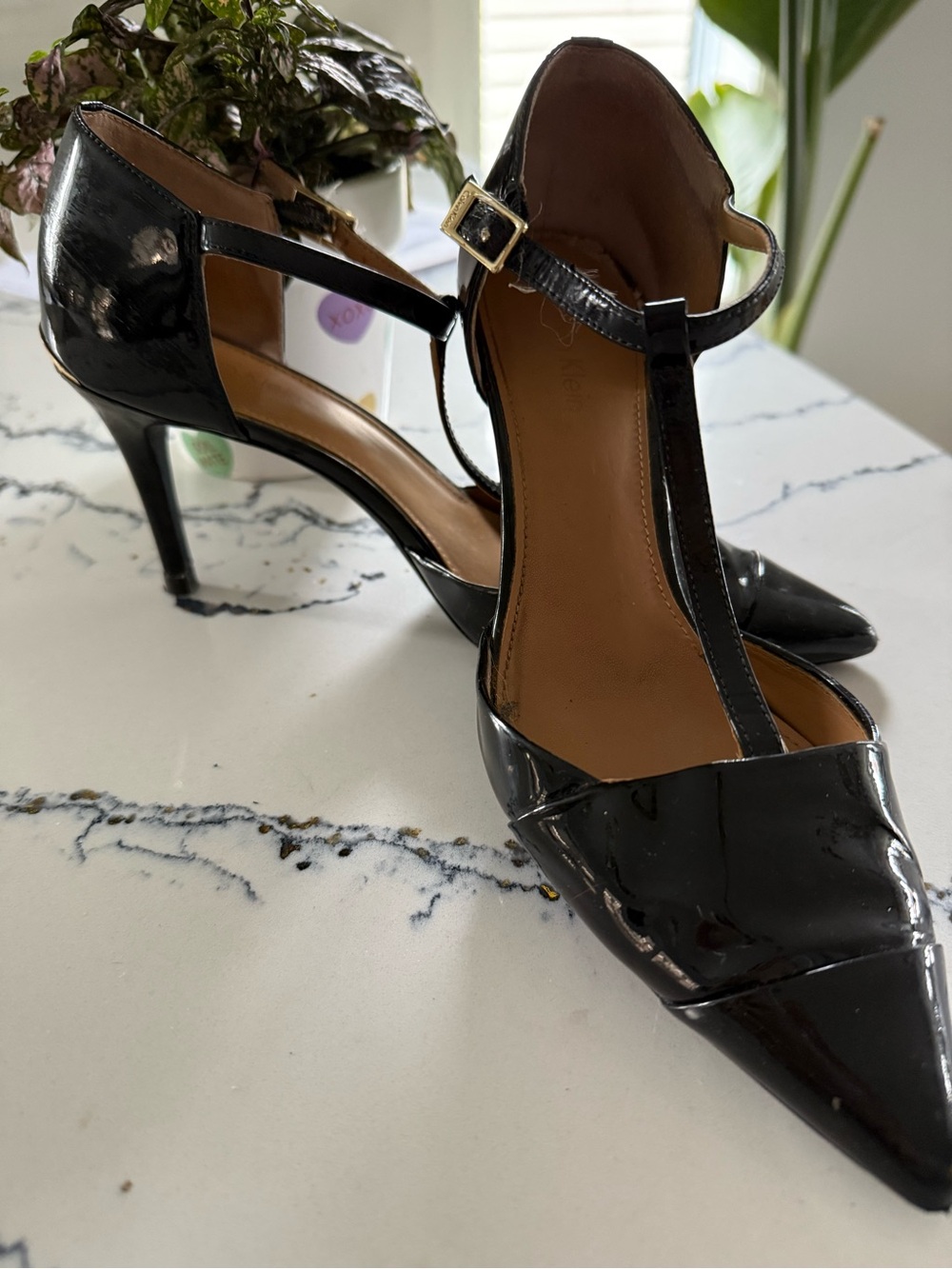Calvin Klein Black Patent T-Strap Pointed Toe Heels